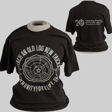 Load image into Gallery viewer, Brown “Old Log New Tricks” 20th Anniversary T-Shirt