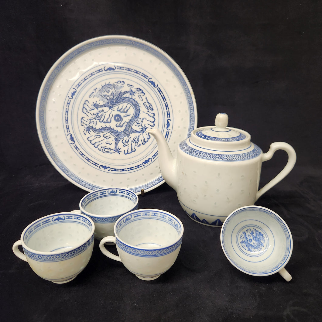 Chinese Jingdezhen Rice Grain Porcelain 6-Piece Dragon Tea Set