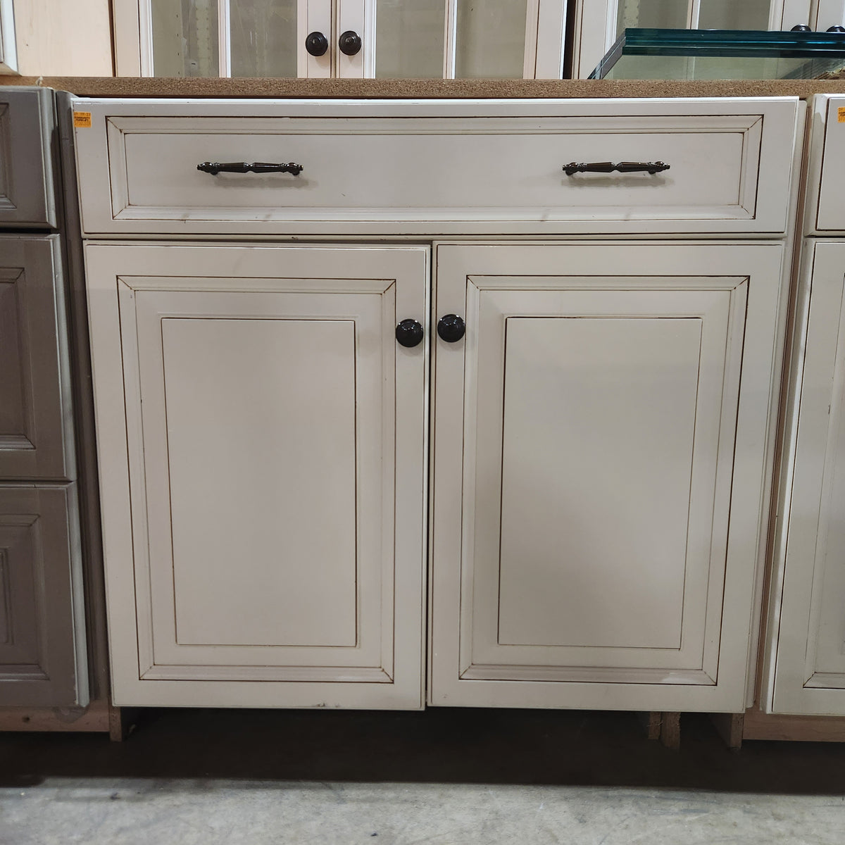 32 Piece Set of Glazed Kitchen Cabinets with Glass Panel Doors