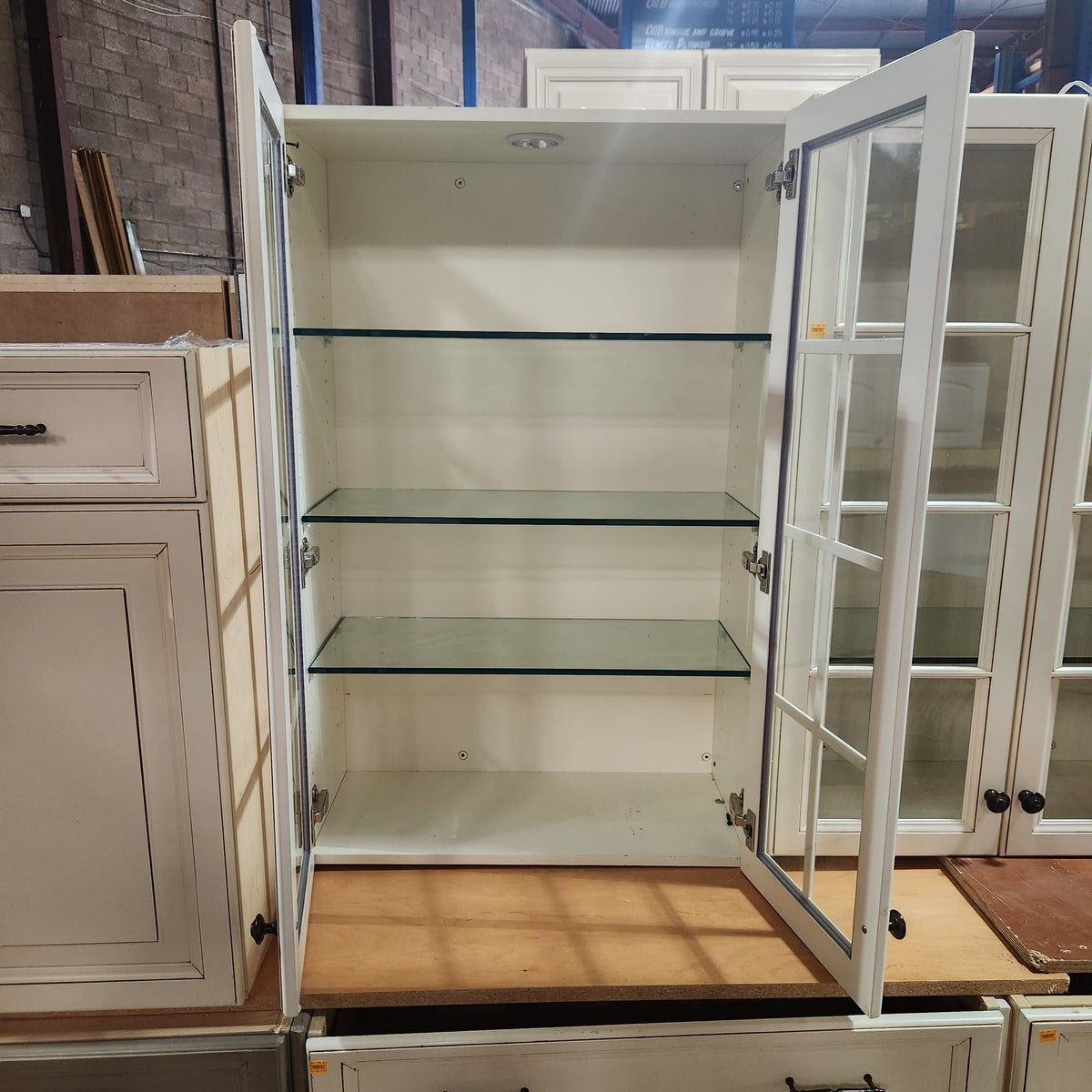 32 Piece Set of Glazed Kitchen Cabinets with Glass Panel Doors