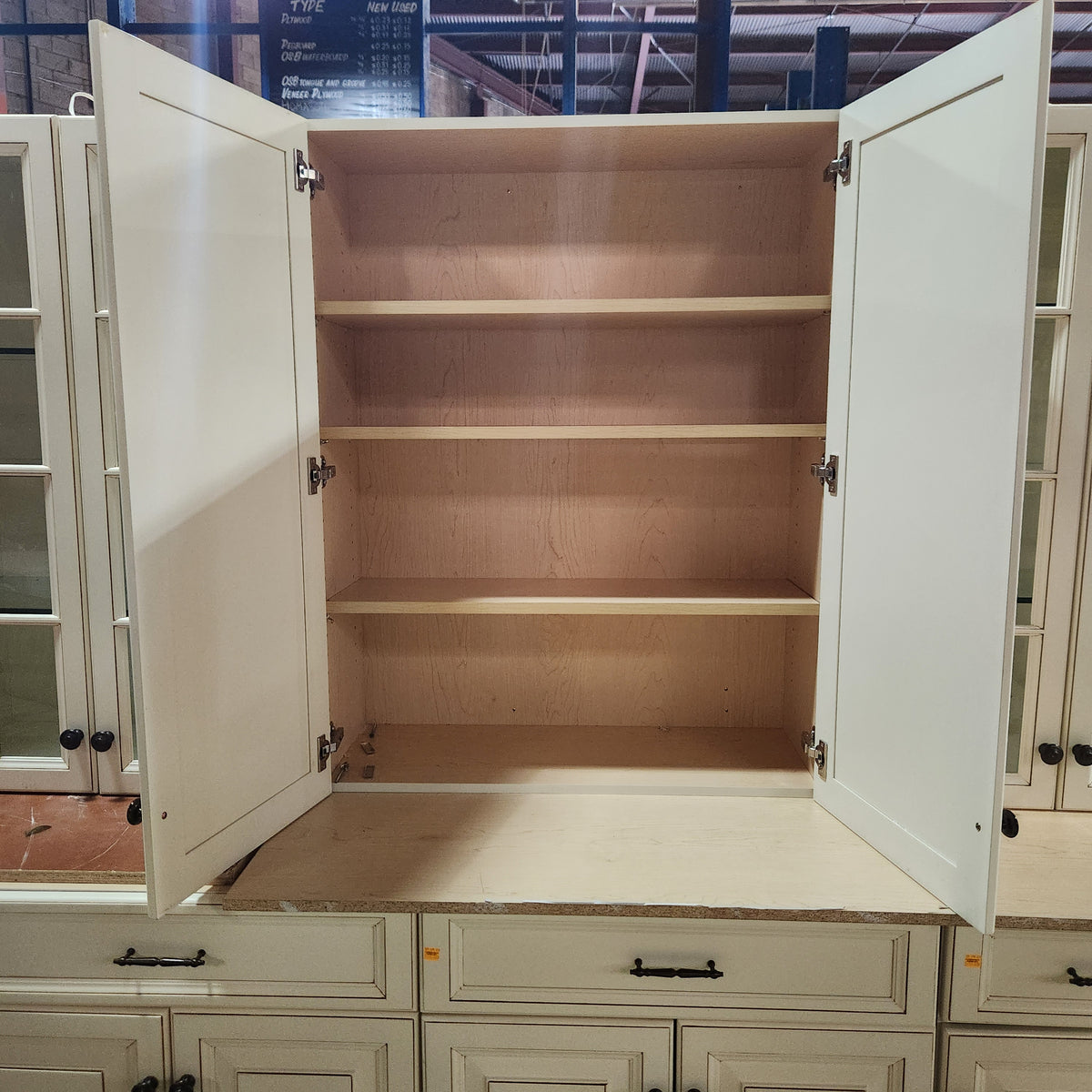 32 Piece Set of Glazed Kitchen Cabinets with Glass Panel Doors