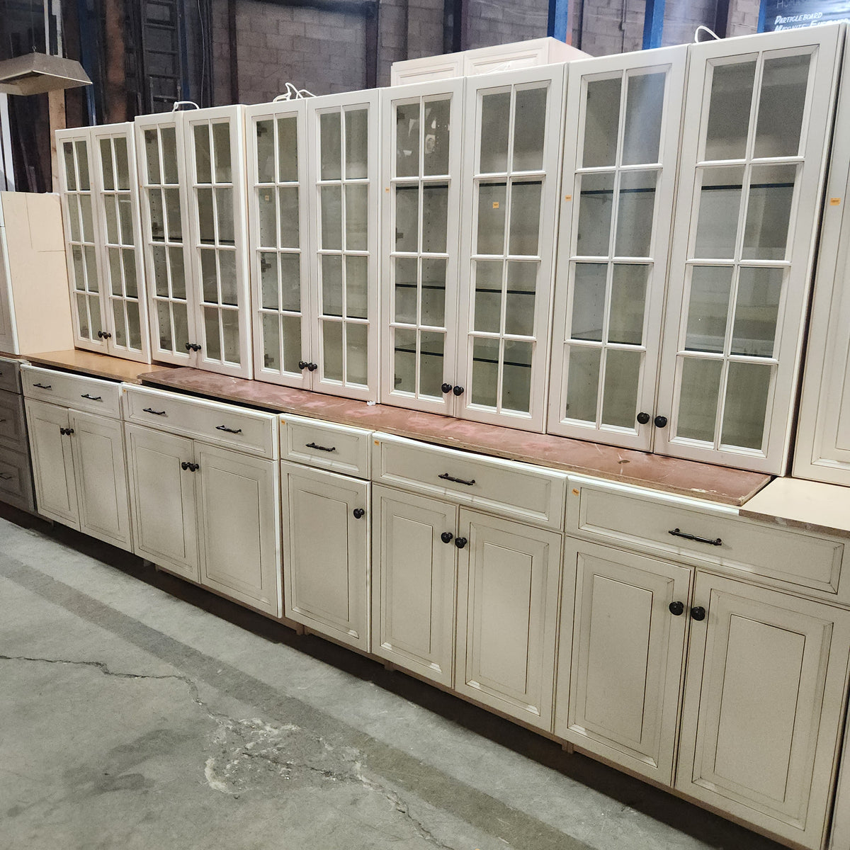 32 Piece Set of Glazed Kitchen Cabinets with Glass Panel Doors