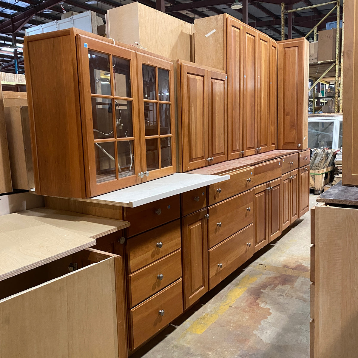 32 Piece Set of Glazed Kitchen Cabinets with Glass Panel Doors