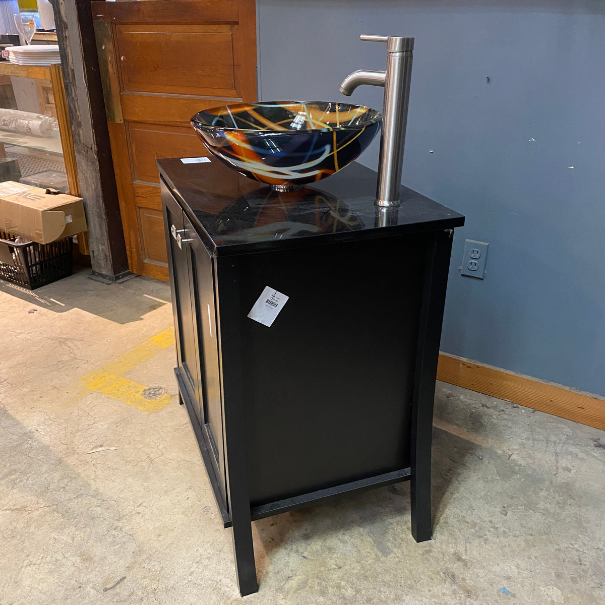 Black Vanity with Decorative Glass Vessel Sink Community Forklift