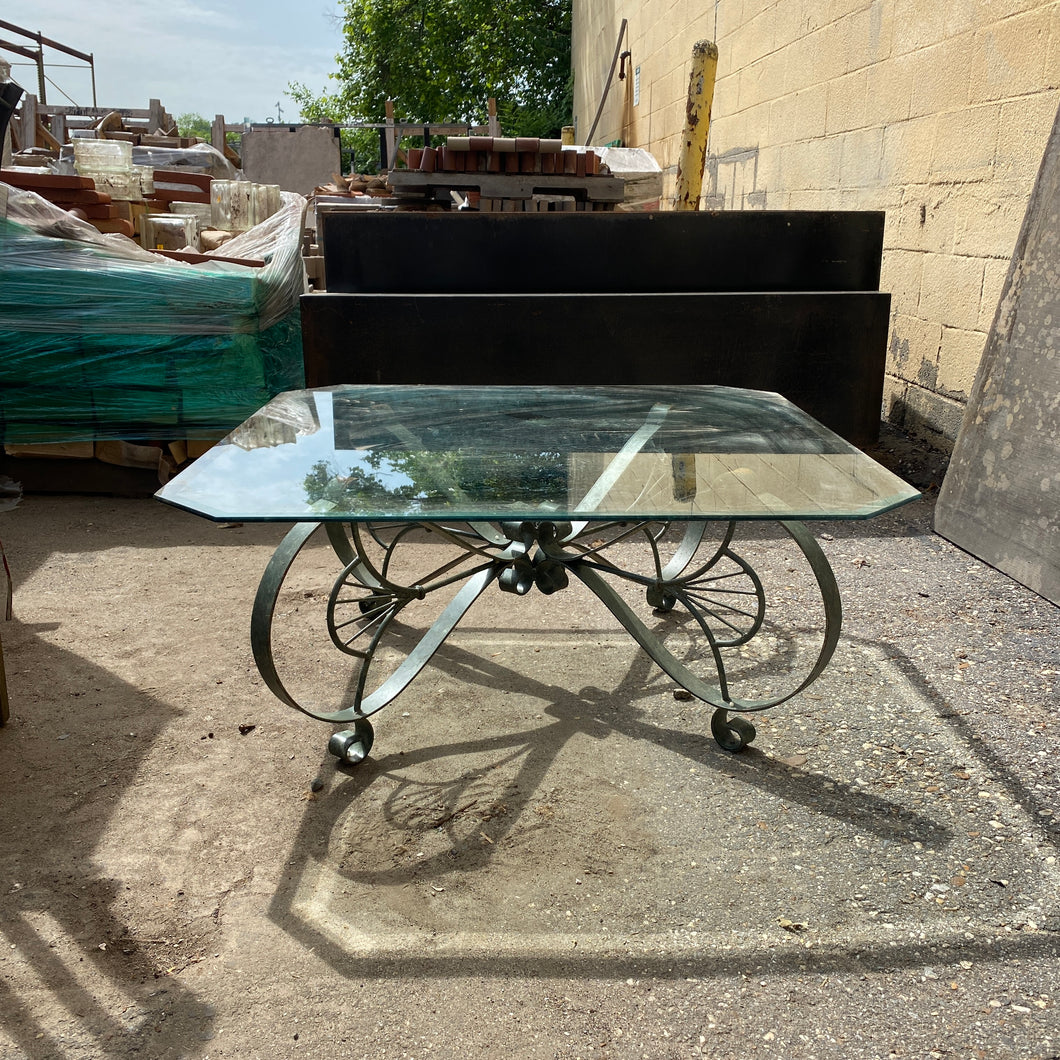 Patio Coffee Table with Ornate Base and Beveled Glass Top
