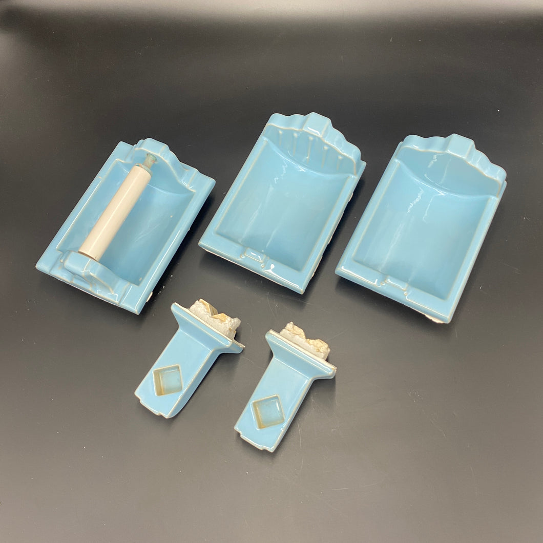 Set of Vintage Light Blue Ceramic Bathroom Accessories
