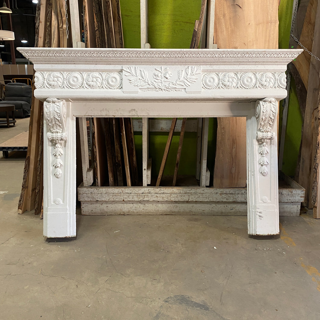 Large Salvaged Fireplace Mantel with Rosette Header and Acanthus Corbels